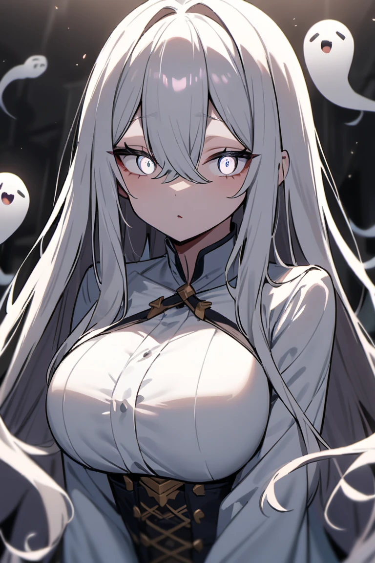 masterpiece, best quality 1girl, solo, beautiful woman, bangs, silver hair, very very long hair, bangs, black sclera, yellow irises, grin,, silver skin, large breasts, naked, floating, looking at viewer, space background    