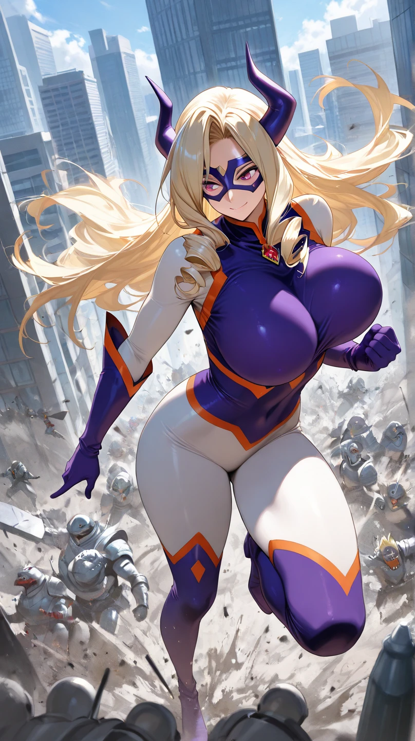 score_9,score_8_up,score_7_up,score_6_up, easynegative, Expressive, solo, Staring at the audience, Seductive look, Are standing, Wearing clothes, Purple and white bodysuit, White purple bodysuit, Purple bodysuit, Mount Lady, mask, Large Breasts, Big thighs, Big Ass,A woman bigger than an office block、Yellow Hair、