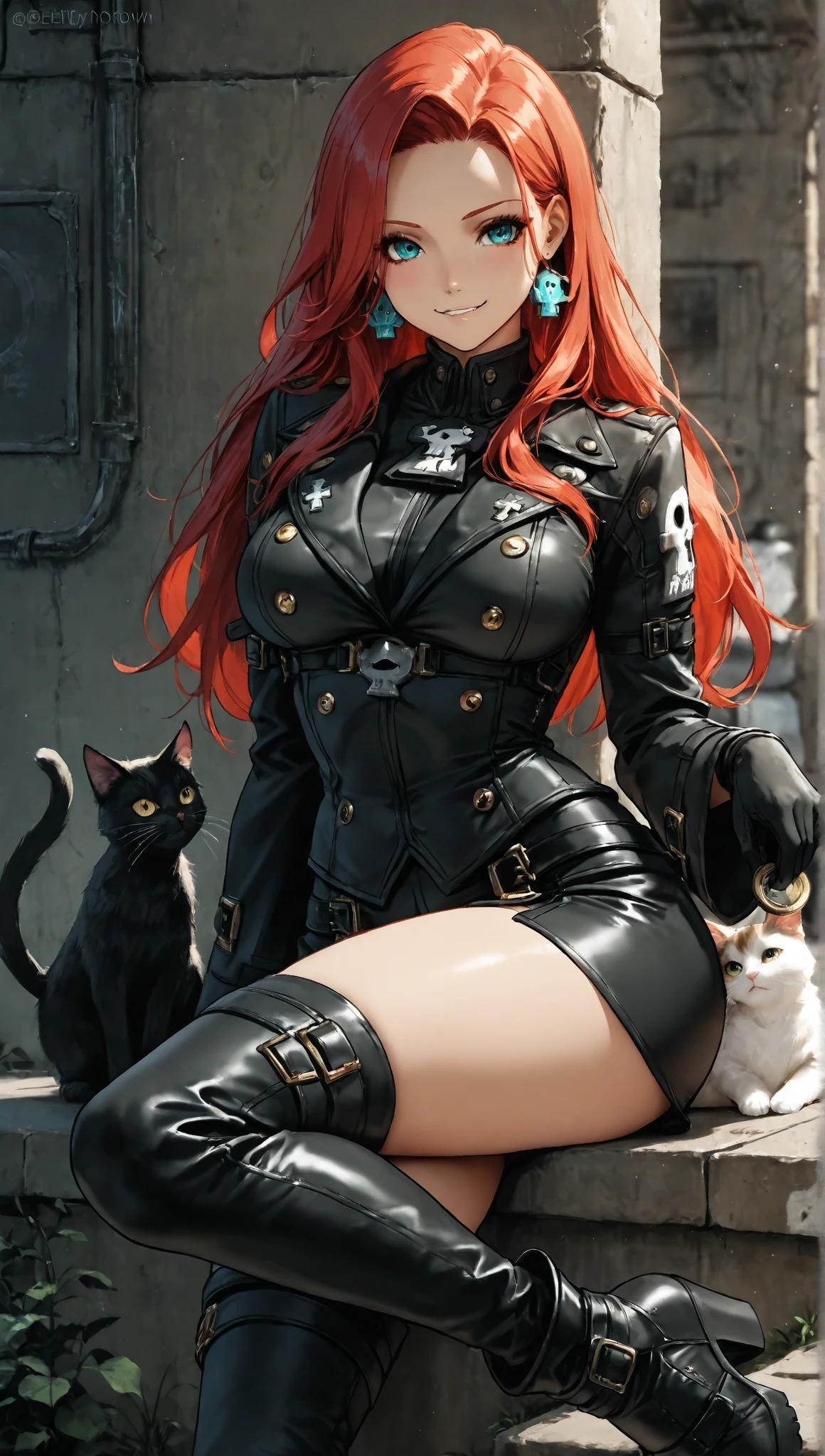 ((masterpiece))、(top-quality)、(detailed, 27 years old)、(1girl) (red haired. Provocative and revealing devil cat suit outfit, partial exposed naked, she's standing seductively in a sexy position. ) Extremely large breast and buttocks. The lens is very low to the ground looking up at her. Background is a highly detailed and highly aesthetic gritty dungeon lair. glossy skin. 4k. Lens is very low to the ground looking up at her. Head to toe portrait. Sexy succubus with her cute pet black cat)