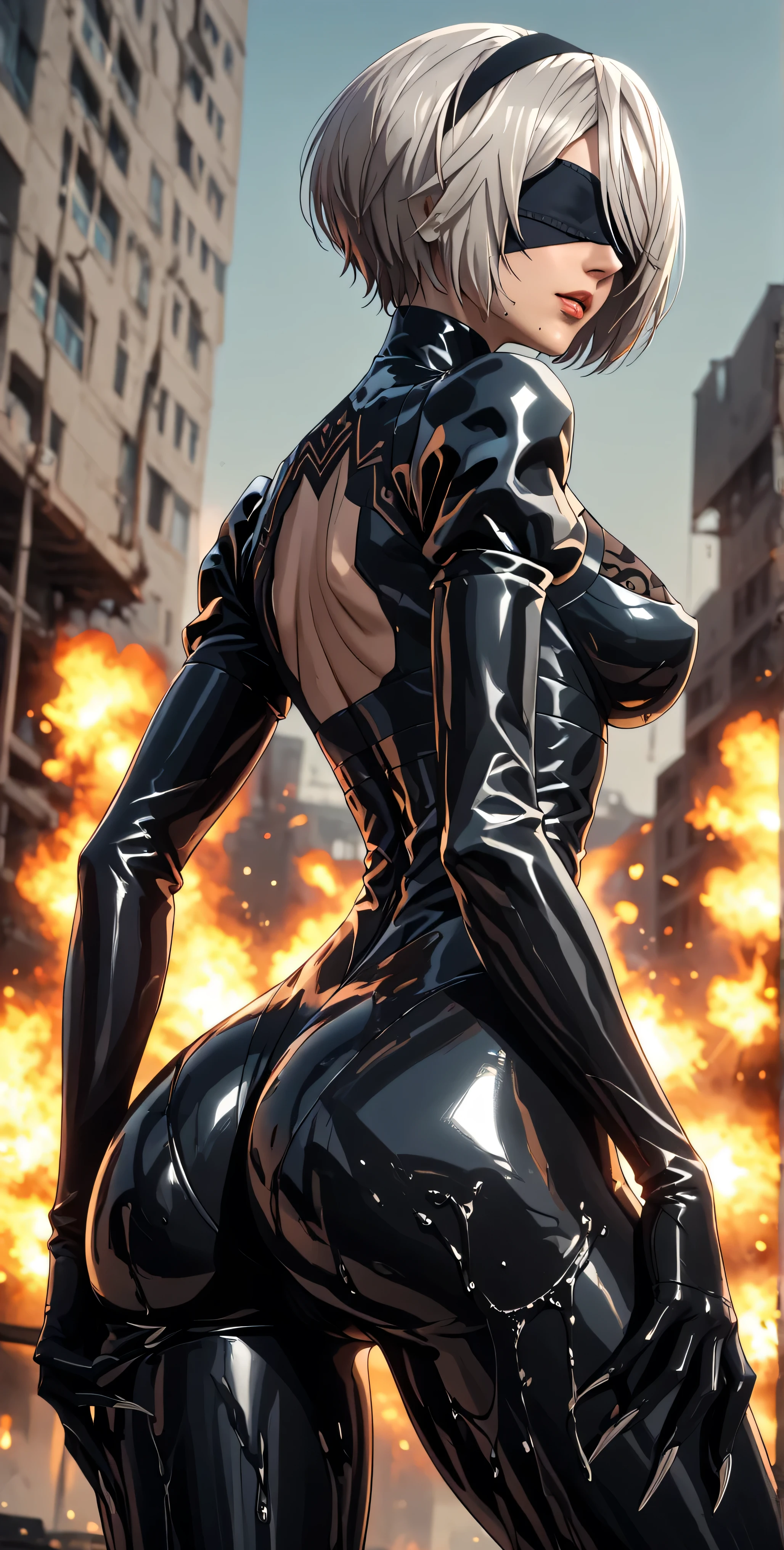 score_9,score_8_up,score_7_up, score_6_up, score_5_up,source_anime, full body, boudoir, sfw, arcane liquid fluid, sexy, alluring, erotic, an explosion of Liquid Metal, dystopian decaying city, metallic paint twisting into a beautiful interpretation of 2b, yorha no. 2 type b, short hair, silver hair, black hairband, mole, black hairband, blindfold, covered eyes, black blindfold, furrowed eyebrows, very silver hair, undercut hair, one side of hair shaved, female, black virgin bodysuit, busty, curvy hips, form fitting, seductive, curvaceous, (fake breasts), black bra and panties, curvy ass, thick thighs, black garterbelt, dutch angle tilt, looking at viewer, legs spread wide open, aroused, black bodysuit, dynamic angle, three-quarters view), (solo), long claws, rear view