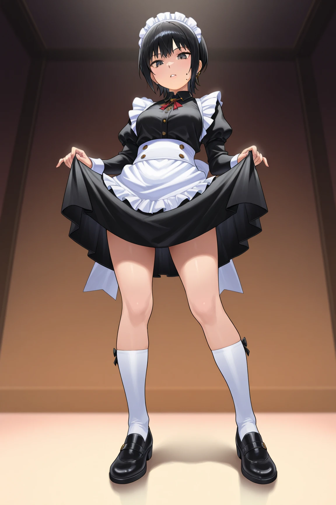(masterpiece, best quality), 1girl,  <lora:Shannon:1> shannon, maid outfit, apron, bonnet, brooch, kneehighs, necktie,thigh tattoo, ushiromiya tattoo