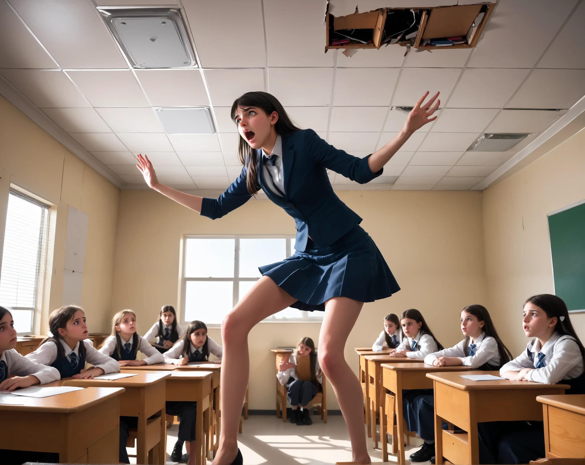 A growing giantess extremely tall girl like ceiling is struggling as she can barely fit, sits giant across the entire class in panic. There are broken school desks around her.