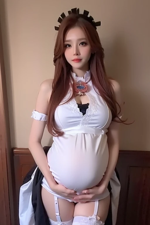 Pregnant woman in a white dress with flowers in her hair, in dress, small curvy loli pixiv, guweiz on pixiv artstation, kawacy, guweiz on artstation pixiv, Seductive Anime Girl, pixiv 3dcg, ArtStation at pixivトレンド, Top Rated on pixiv, Pregnant, bulging belly, Realistic, Ultra Details