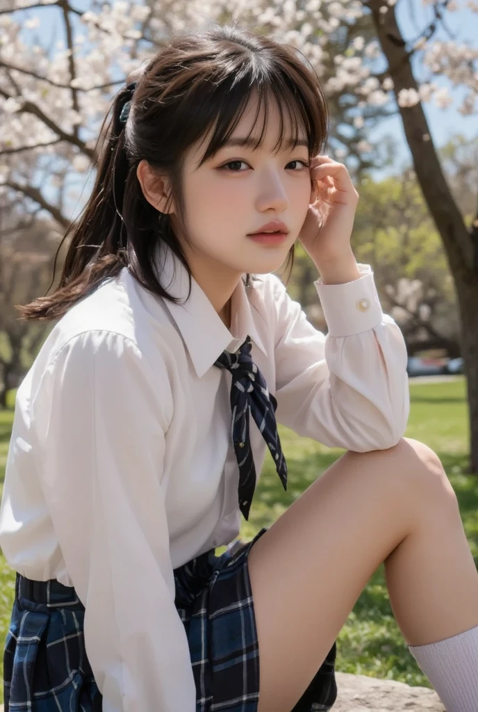 Highest image quality，Outstanding details，超高分辨率，（Fidelity：1.4），The best illustration，Favor the details，Highly cohesive 1girl，He has a delicate and beautiful face，Human real skin texture，Dressed in white-pink professional attire，long whitr hair，Hold the water cup，In the playground，Legs exposed，Wear black socks on your legs。
