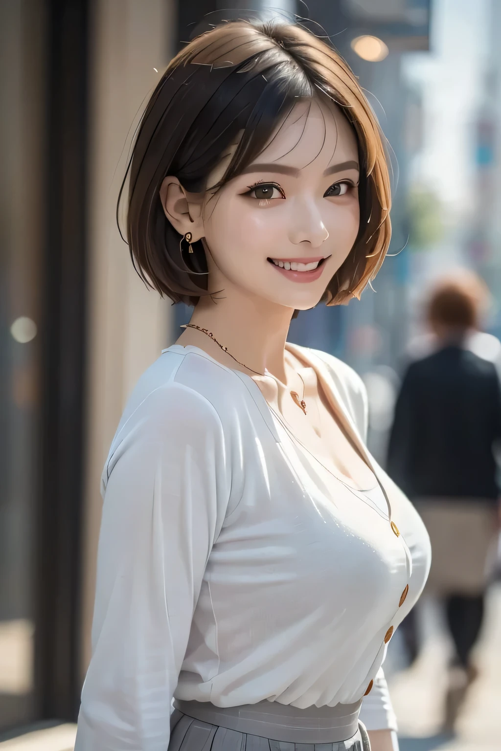 ((masterpiece)), ((Highest quality)), ((Complex)), ((Surreal)), (Realistic), (Mature Woman), ((No classes)), Very detailed, (1 female), Beautiful and exquisite, (Beautiful Teeth), Grin, Brunette Bob Hair, Brown eyes, ((blouse)), (Upper Body), (background:none), Perfect Eyes, Captivating eyes, Looking at the audience