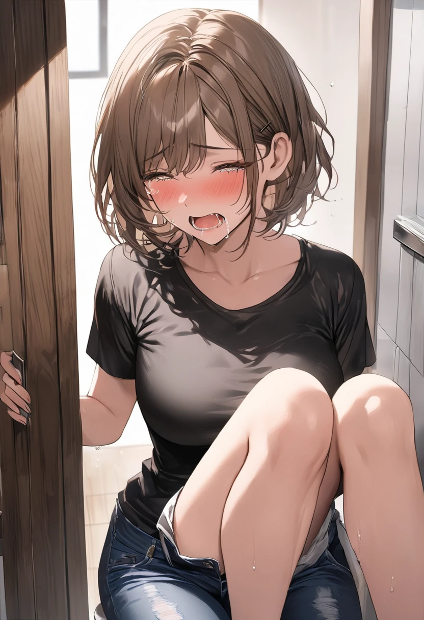 Handjob,,surprised, semen,close your eyes,1. small ,short hair,Black Hair,blush,White T-shirt,Olive green shorts,White skin,barefoot,tongue,blush,Sweat,