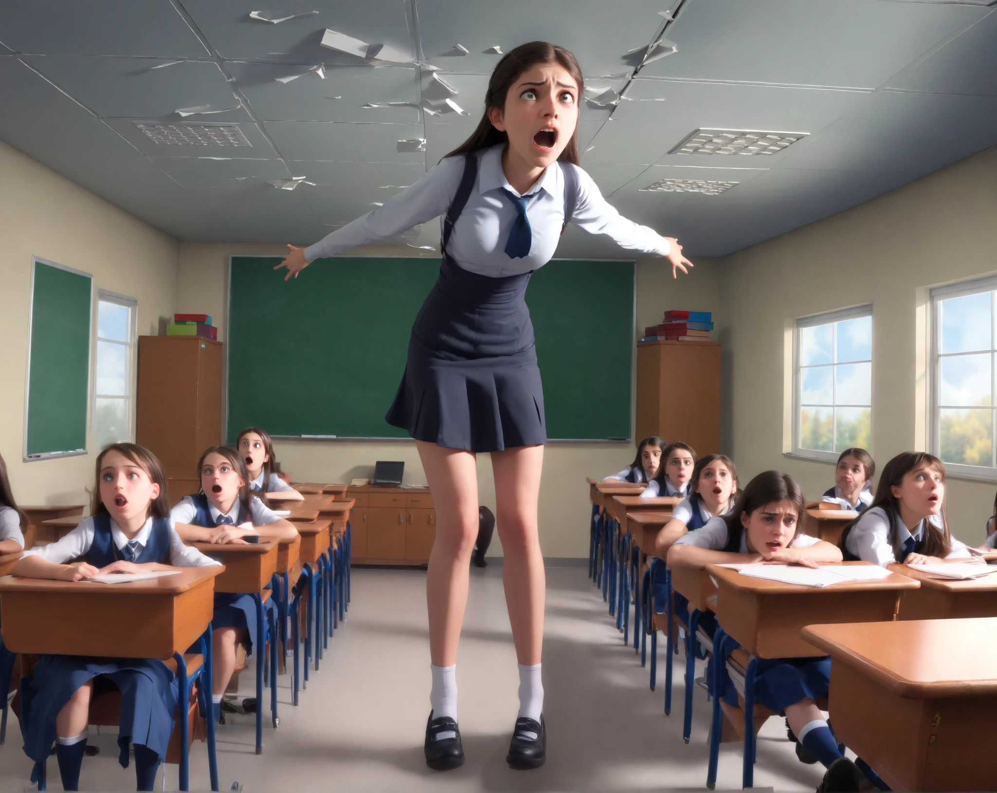 A growing giantess extremely tall girl like ceiling is struggling as she can barely fit, sits giant across the entire class in panic. There are broken school desks around her.
