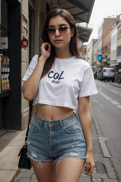 a girl in a black t shar and denim jeens blue fullpants,white glasses in  in her eyes,happy