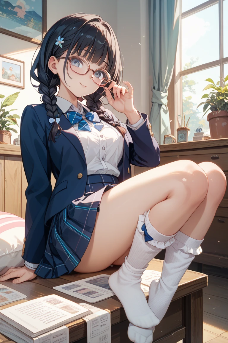 hight resolution, top-quality, ultra-quality, The ultra-detailliert, lighting like a movie、small tits、School Library、sit on the floor and open your legs、embarrassed from、A dark-haired、Black-rimmed glasses、Wearing sweat、full of sweat、open one's legs、surrounded by books、white panties、Short sleeve black sailor suit、