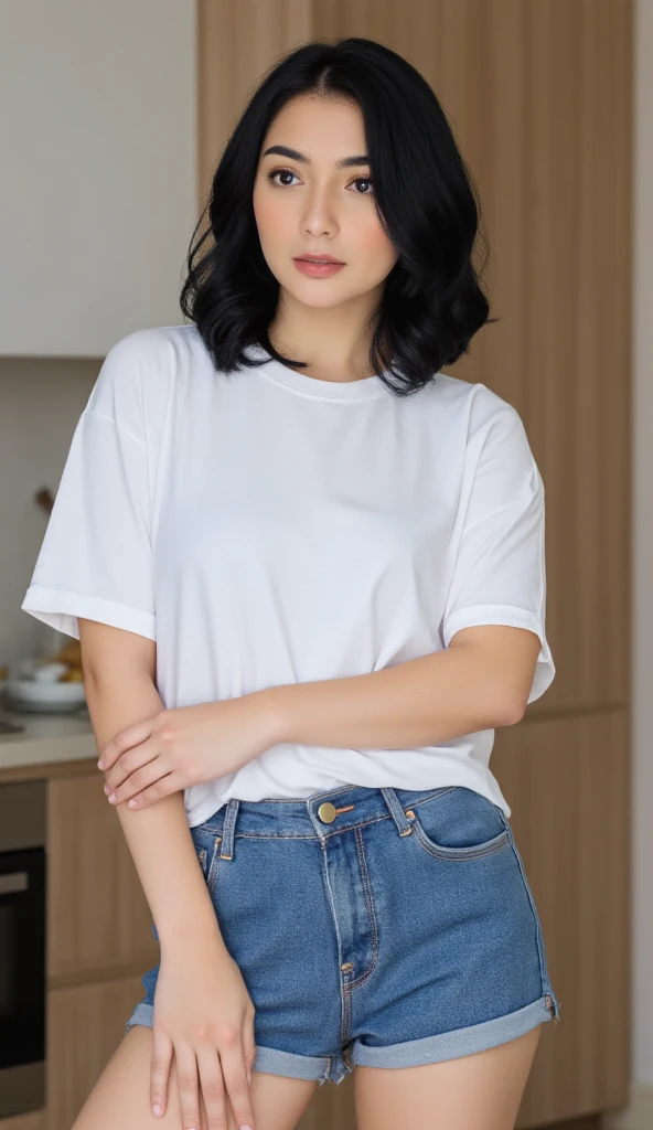A beautiful woman with black hair and very fair skin, 20 years old, holds a sheet of notebook paper in her hand, looking towards the camera