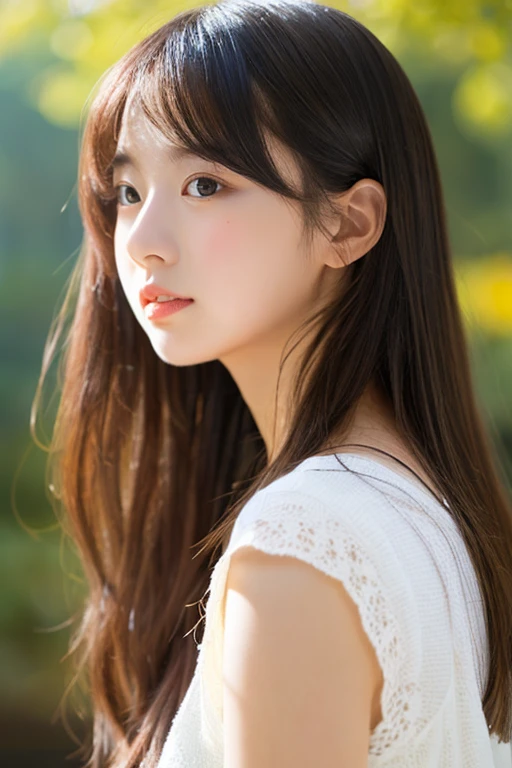 masterpiece、Highest quality, Ultra-high resolution、8k,photograph、1 girl, (Skin dents), {{Large Breasts}}, bright, Blurred Background, (Asymmetrical bangs, Please comb your hair、very long wavy hair:1.5), (Floating Hair:1.0)、(A transparent blouse that fits snugly around the chest)、(A vibrant pastel light purple blouse)、Saggy breasts、Heterochromia iridis、sad、grassland、Spring Sky、Soft sunlight