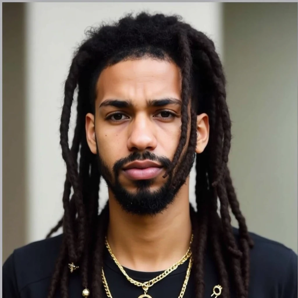 (Maximum quality, 16K, work of art: 1.3)), young black man, Portrait of a dark-skinned adult man(afroamerican:1.2 , 20 years old) with dark black dreadlocks and a white shirt, urban boy fanart, solo portrait 🎨🖌️, unknown artstyle, detailed portrait of the character, garota negra de アニメ mangá, urban city background , green eyes water, rosto macio de アニメ detalhado, アニメ, Estilo de アニメ masculino, retrato de meio corpo, Highly detailed texture of face and skin, detailedeyes