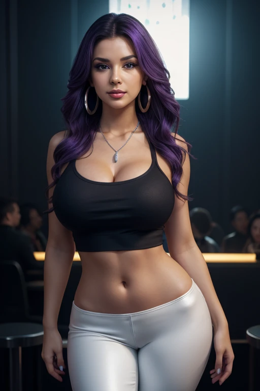 Foto hiperrealista en primer plano de myha'la herrold, masterpiece, best quality, (photorealistic:1.4), full body, (light clothing, skirt:1.1), black long braids, dancing in a club, neons, cinematic light, beautiful woman, skinny, large breasts, perfect ass, detailed face, smile, looking straight at the camera, photo taken from a distance