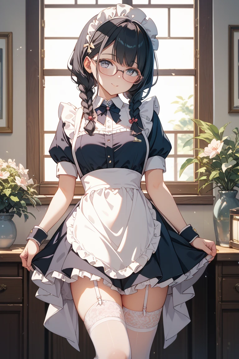 #基本
A girl is posing for a photo, ((One Girl)), (((Baby Face:1.2)) + ((cute:1.3))),
#A girl is posing for a photo, ((One Girl)), (((Baby Face)) + ((cute)) + 16 years old),
break
#Clothing Accessories
(((Black and white)Gothic Lolita style maid outfit) : Elegant + (Dirndl) + Gothic Lolita Fashion + Dark Gothic Lolita + (Black and white)jabot + (black corset) + ((Black and white)Headdress) + (White apron)) + (Low denier black pantyhose:1.4) + (Black High Heels) + (Black frame glasses),
red gem earrings,
break
#Features
((Silver Hair:1.4)), (Bangs that expose the forehead:1.3 + I can see a beautiful forehead:1.3), (ponytail : A little short hair + Curly hair + Fuller Hair),
(Droopy eyes, blue eyes, (Big eyes:1.2)), (Very small breasts),
break
#background environment
(noon, (The garden of a large Western-style mansion + grass + Garden of roses + The sun shines on the girl)),
#Facial Expression Pose
((smile:1.3), blush), (Standing with confidence and grace, (model posing)),
#composition
(To the camera, (Focus from the side), (Cowboy Shot)),
break
#Body parts elements
(Slim figure),
(Detailed Hair, Beautiful Hair, Shiny Hair),
(double eyelid, Long eyelashes),
(Expression of fine eyes, Beautiful and delicate eyes, Sparkling eyes, Eye Reflexes, Glitter Eyeliner),
(Human Ear),
(Beautiful Nose, Thin Nose),
(Glossy Lips, Beautiful Lips, Thick lips, Glossy Lips, Natural Cheeks),
(Detailed face, Symmetrical facial features),
(Detailed skin, Textured skin, Beautiful Skin, Glowing Skin),
break
#Quality Image Quality Common
(((Highest quality)), ((masterpiece)), ((Very detailed))), ((High resolution)), ((16K,1080P)),
(Anatomically correct), (Realistic), (3DCG),
#Quality image illustration
((comics, anime)), CG illustration,