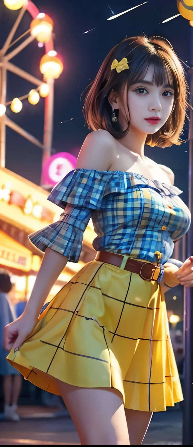 pure idol girl、A pure girl's face、 hypo、yellow and blue checkered tight dress、off-shoulder shirt、elegant belt、Glowing Candy Sticks、Glamorous Night Amusement Park