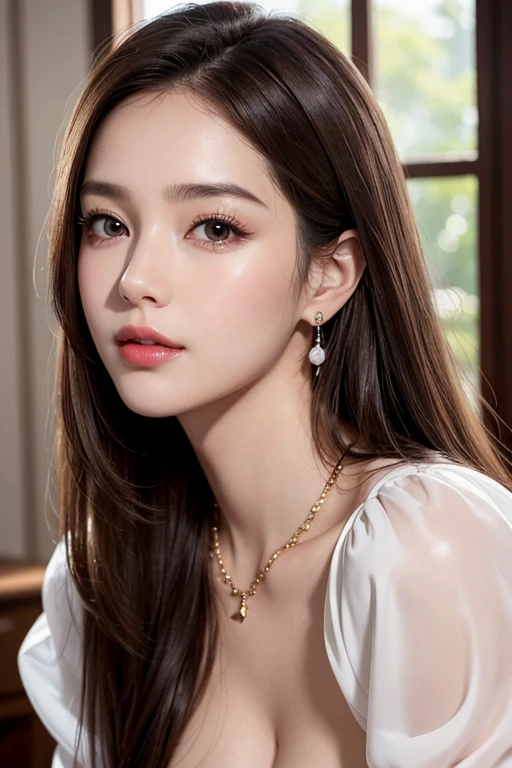 (Photorealistic, 32k, RAW photo, best quality:1.4), (masterpiece:1.3), (ultra high resolution, ultra realistic, highly detailed, golden ratio, ultra detailed), 1 beautiful woman, natural makeup, intricate cloth texture, finely detailed hair texture, beautiful full-body, perfect female form, anatomically accurate, highly detailed face and skin, (elegant hands), (realistic skin), (beautiful pale skin:1.1), (extreme close-up:2.0), (Oversized Breasts), (Wearing Beautiful color ball gown:1.5), (Tiara, Earrings, Pendant), 
BREAK,
realistic eyes, captivating detailed eyes, symmetric eyes, light brown eyes, double eyelids, thin eyebrows, (glossy lips:1.4), (kissable expression, blush:1.3), 
BREAK,
((short bob cut, dark brown hair, bangs:1.2)), (Late Night, Moonlit night, Castle balcony:1.3)