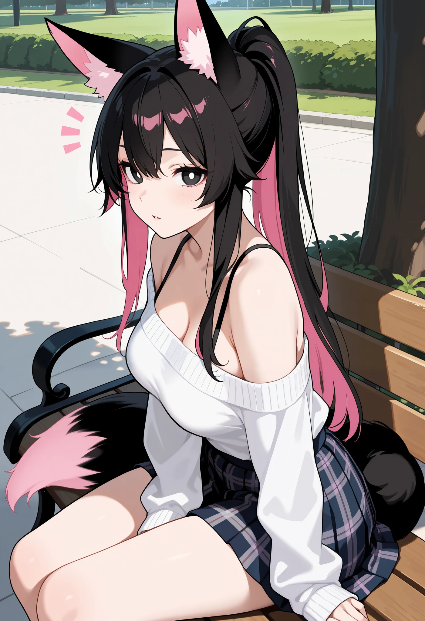 masterpiece, best quality, amazing quality, safe, from side, from above, 1girl, fox girl, aged up, sitting, on bench, notice lines, parted lips, light blush, looking at viewer, black hair, pink highlights, long hair, highponytail, black eyes, white pupils, fox ears, fox tail, medium breasts, off-shoulder sweater, sleeves past wrists, plaid skirt, pleated skirt, outdoors, park, shade, absurdres