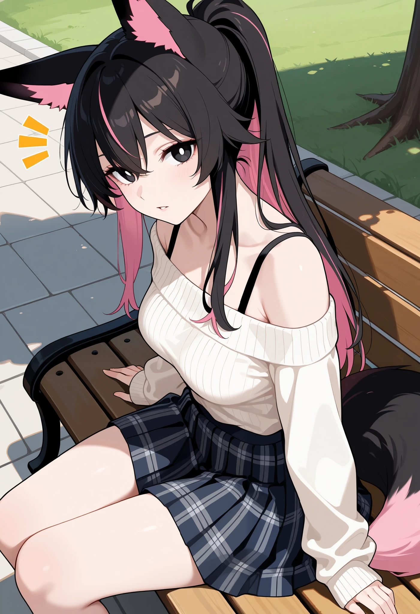 masterpiece, best quality, amazing quality, safe, from side, from above, 1girl, fox girl, aged up, sitting, on bench, notice lines, parted lips, light blush, looking at viewer, black hair, pink highlights, long hair, highponytail, black eyes, white pupils, fox ears, fox tail, medium breasts, off-shoulder sweater, sleeves past wrists, plaid skirt, pleated skirt, outdoors, park, shade, absurdres