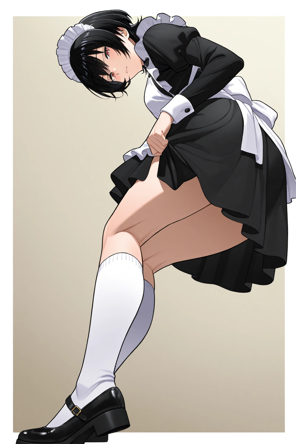 score_9, score_8_up, score_7_up, score_6_up, score_5_up, score_4_up, (source_anime), chainsawman, 1girl, Empty background, massive Thighs, kobeni Higashiyama, Eyes focus, Dress clothes, black dress pants, white dress blouse, big ass, On all fours