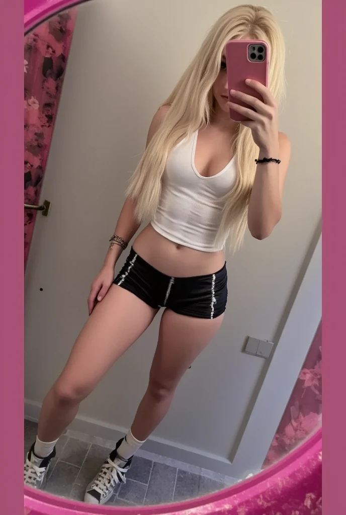 extreme NSFW, blond hair, woman, NAKED, no clothes, long ponytail, choker, looking at viewer, legspread, legs wide open, sitting, bedroom, showing off pussy, slim face, British