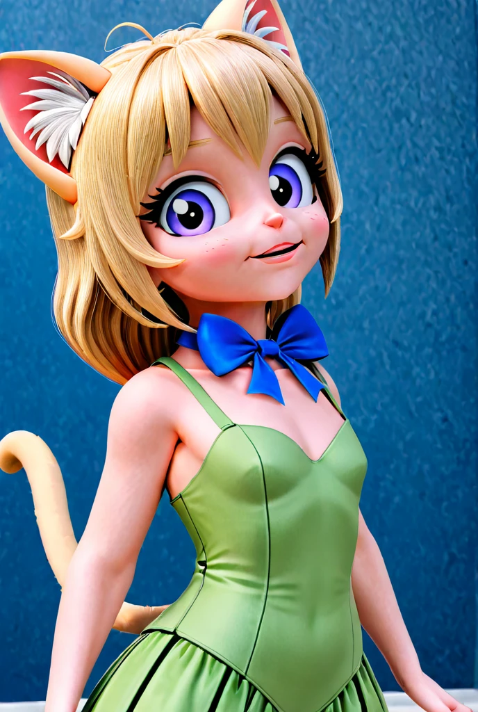 wide shot, ((best quality)), ((highly detailed)), masterpiece, (detailed eyes, deep eyes), (1girl), dynamic angle, cowboy shot, tinkerbell, woman, smile, ((short blonde hair)bun ), ((blue eyes)),firm breasts, realistic proportions, curvy body, lipstick, curvy hips, subtly visible breasts, day lighting, ((petite body)),l4p3ldr3ss, short sleeves, belt, buttons, green dress,