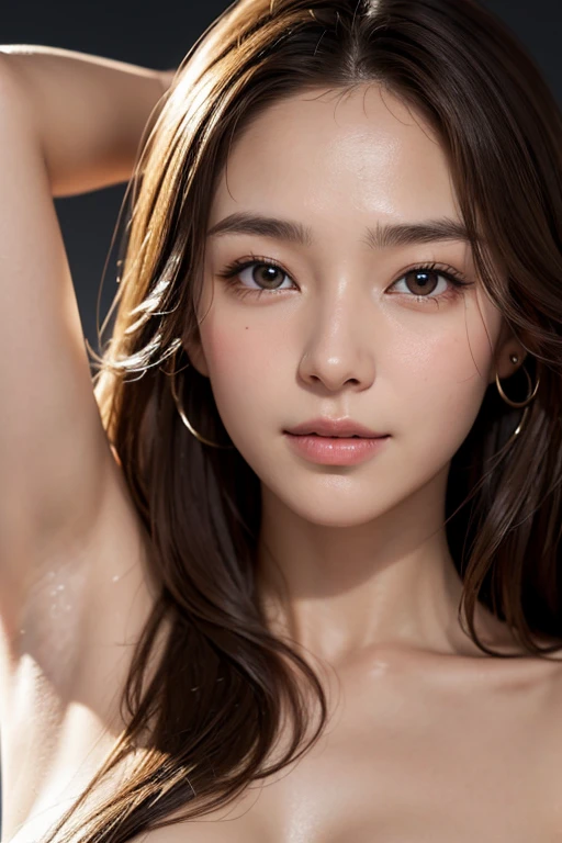Create a (( mid-shot )) photorealistic image of a beautiful Asian woman with fair, smooth, flawless skin. She has large, round, sparkling eyes with naturally long and curled eyelashes, and well-defined, dark eyebrows. Her nose is straight and high, and her naturally pink, soft lips form a gentle smile. She has short, slightly curled brown hair that highlights her delicate facial features. Her face is oval-shaped, with a wide and high forehead, moderately high cheekbones, and a pointed, slender chin. (colored picture), (( )),((naked)), (()), As she confidently posing for camera, , studio light, gray background, full body
 (( waist to top))
