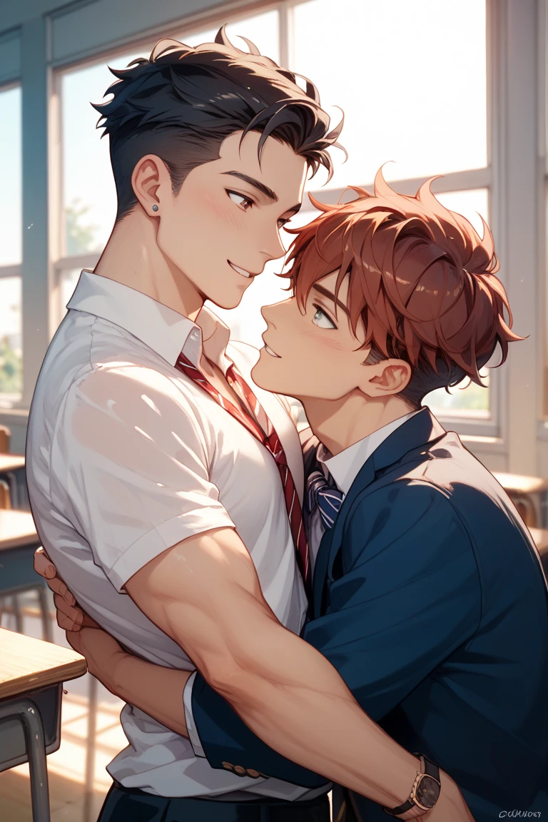 a boy confessing his love to another boy in front of his entire school, 2 boys, gay, blushing, school uniform, school background, detailed, aura of love, size difference, hyper detailed, highly detailed, intricate details, background students, shock