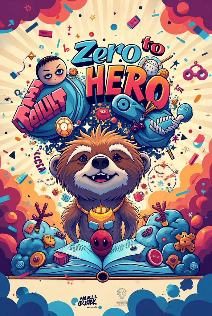 featuring the phrase 'Zero to Hero' in big letters surrounded by fun and random elements contains intelligence,overcoming laziness and most importantly laziness itself keep it fun
