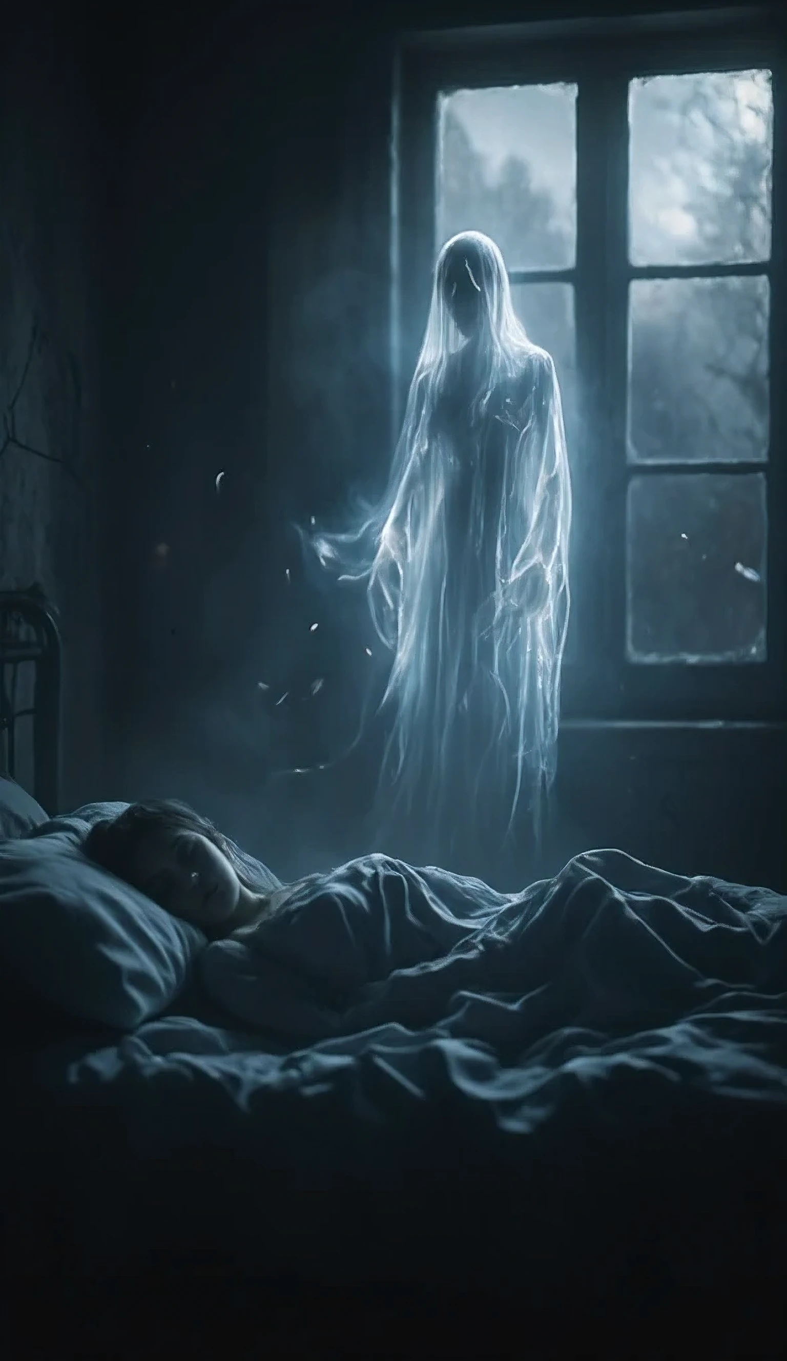 ghost standing in home, sleeping woman, ghost watching sleeping woman,8K, photorealistic, masterpiece, highly detailed, dramatic lighting, moody atmosphere, dimly lit interior, eerie ambiance, haunting presence, ethereal energy, spectral figure, wispy apparition, woman sleeping peacefully, bedding rumpled, moonlight streaming through window, shadows flickering,dark fantasy,digital painting