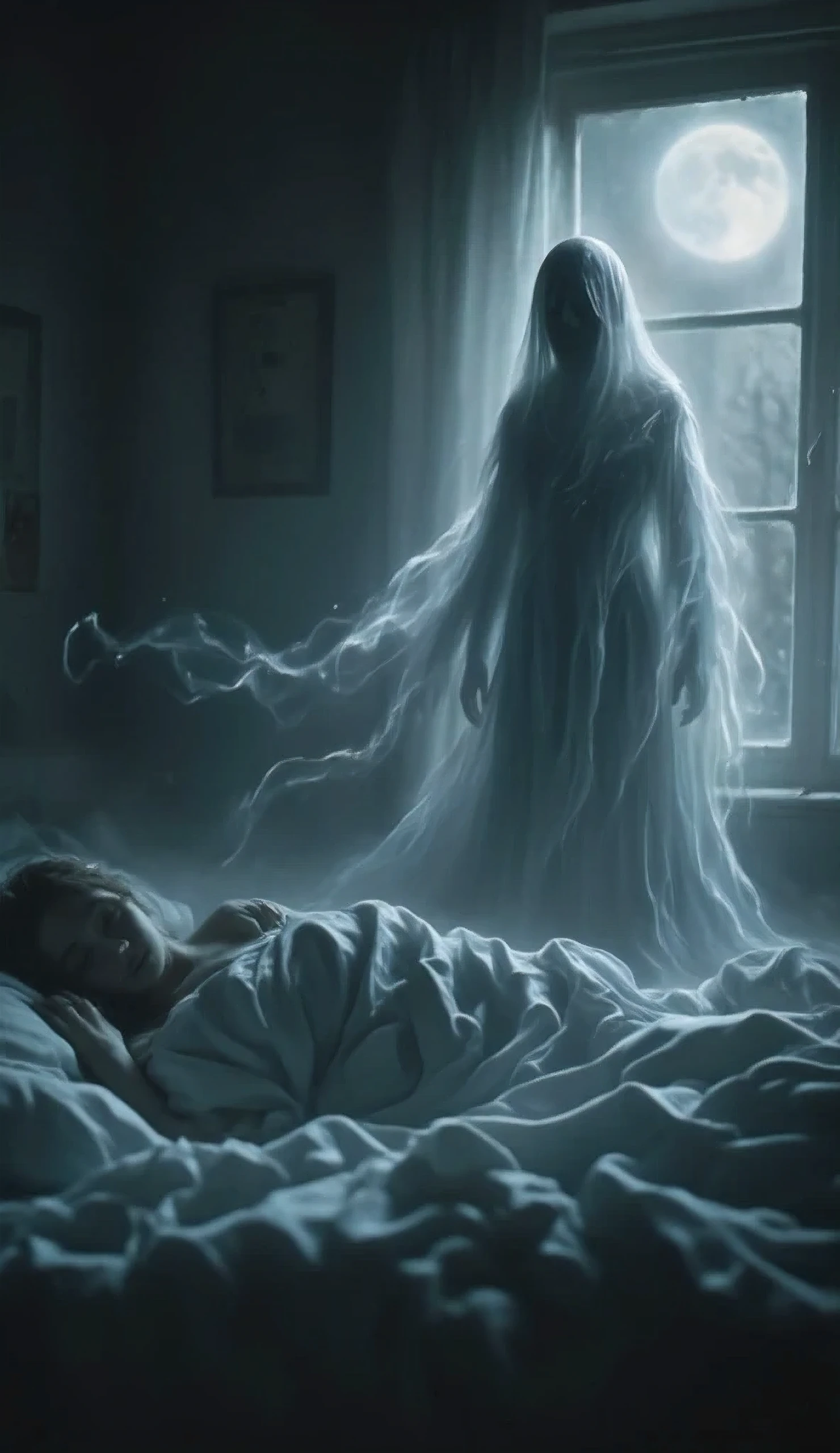 ghost standing in home, sleeping woman, ghost watching sleeping woman,8K, photorealistic, masterpiece, highly detailed, dramatic lighting, moody atmosphere, dimly lit interior, eerie ambiance, haunting presence, ethereal energy, spectral figure, wispy apparition, woman sleeping peacefully, bedding rumpled, moonlight streaming through window, shadows flickering,dark fantasy,digital painting