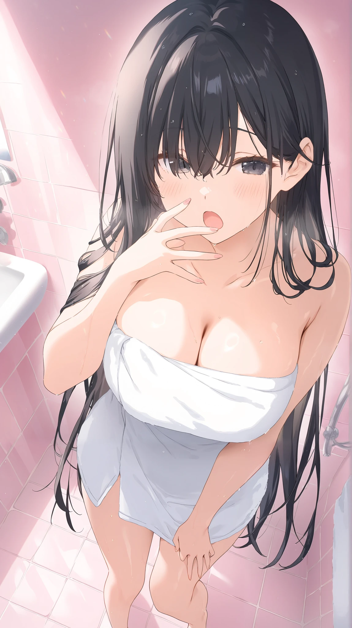 Masterpiece, top quality, high resolution, (Yor_Briar), one girl, whole body, black hair, small white cotton panties, change of clothes, changing room, small white cotton panties, dripping drops, no bra, thin legs, slender, pink pajamas
