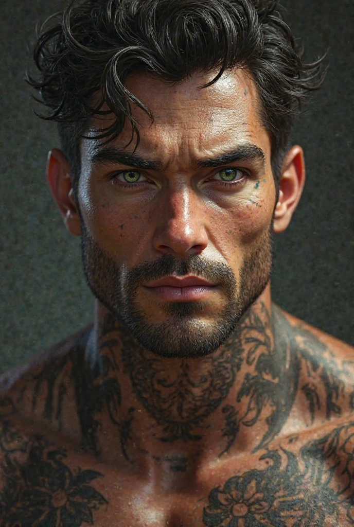 Young muscular man realistic tattoo tanned white skin with brown and blue eyes High quality AI drawing with blurred background street music piercing gaze pink mouth