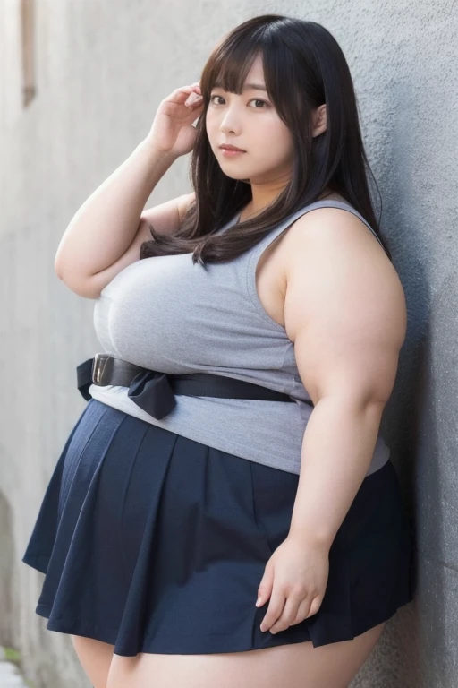 (Canon RF85mmf/1.2,masterpiece,Highest quality,Ultra-high resolution)((美しい太めのムチムチした太めの女性20-year-oldソロ)) ((Highest quality、8K、masterpiece))((Photogenic quality:1.5))A plump, chubby, super busty body、((Plump round face))Highly detailed cute girl, 20-year-old, ((A full-body shot of a woman desperately trying to hold down her ultra-super miniskirt after it was blown up by a strong wind:1.5))A panicked and red face, View your viewers  , Show off your plump thighs、 A cute tank top shows off her cleavage  , Ponytail Hair、I&#39;m on an empty, windy city street、、Bright summer sunshine
