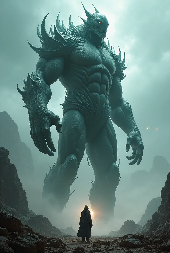 A very detailed painting,Depicts a man have a weapon on a hill gazing at a giant alien monster lightning breath, author:Shinkai Makoto, By Art Jem, From Wlop, author:Greg Rutkowski, Volumetric Lighting, Octane Rendering, 4K resolution, Popular on artstation, masterpiece ,lightning magic