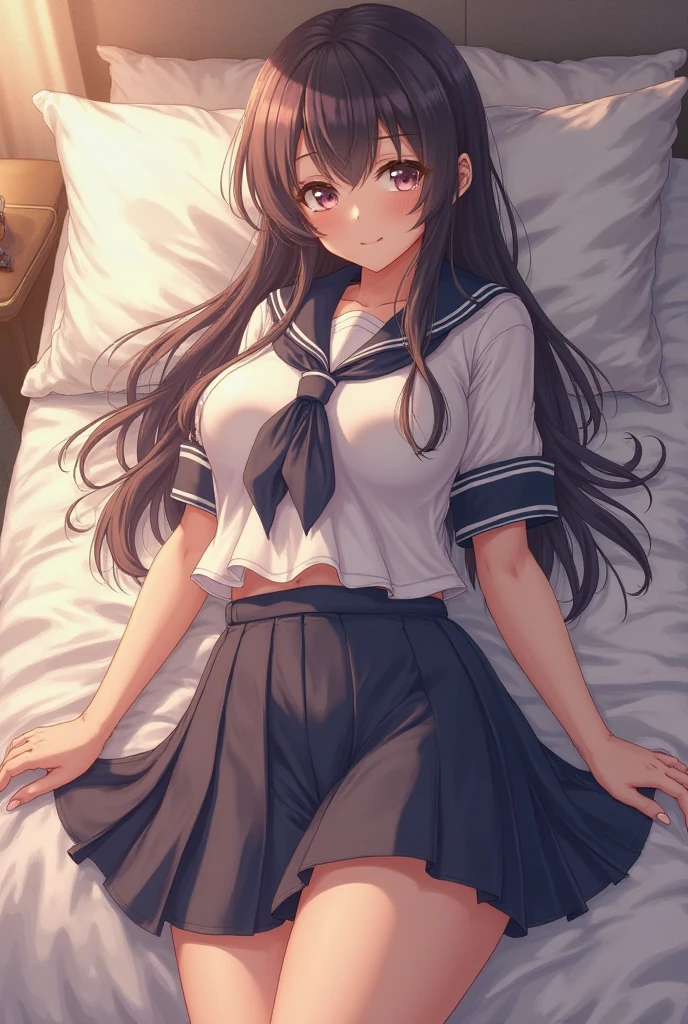 (masterpiece:1.2, top-quality), (realistic, photorealistic:1.4), beautiful illustration, (natural side lighting, movie lighting), depth of field,
looking at viewer, (face focus, upper body), front view, 1 girl, japanese, high school girl, , perfect face, cute and symmetrical face, shiny skin,
(middle hair, side ponytail, sideburns, black hair), hair pulled back, brown eyes, long eye lasher, (laege breasts), ,
beautiful hair, beautiful face, beautiful detailed eyes, beautiful clavicle, beautiful body, beautiful chest, beautiful thigh, beautiful legs, beautiful fingers,
((hi-school uniform with open chest:1.6), pleated skirt, ((cameltoe))),
(beautiful scenery), evening, (bedroom), (from above lying on her back, head on a pillow, spread open legs), , (happy smile, upper eyes, open mouth),