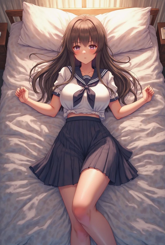 Mature Japanese high school girl、(solo)、slender leg、(Whole body from head to toe)、From above、lyin in bed、Legs are spread、(M-shaped legs)、small tits、(black pantyhose)、White panties visible through black stockings、very beautiful 17 year old girl、(I'm not wearing shoes)、(troubled eyebrow)、(red blush)、(Enchanting)、(Open mouth)、(enraptured)、(exclamation) 、(Semi-closed eyes)、Frightened eyes、shy big eyes、(short brown hairy area)、(bangss)、Unkempt hair、(hair clips)、lying on white sheets、Staring at this、(White panties are visible)、 Cross your arms behind your back。 The base of the thigh、frilld、White lingerie、tears、High Blazer、High White Blouse、high blue ribbon、High plaid and navy pleated skirt、Misaka Mikoto、Brown hair、brown-eyed
