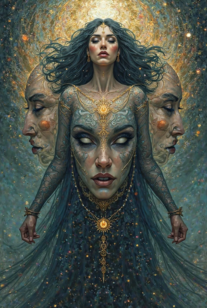 masterpiece), best surreal masterpiece, top quality, best quality, official art, beautiful and aesthetic:1.3) , blue skin godess and god with their children ,extreme detailed,landscape and forest,colorful,highest detailed, official art, gold leaf ,glitter art ,unity 8k wallpaper, ultra detailed, beautiful and aesthetic, beautiful,fractal art, mystical and otherworldly, with intricate fur and piercing eyes, in the breathtaking mountain landscape of NCWinters ,alex grey ,psychedelic, dmt