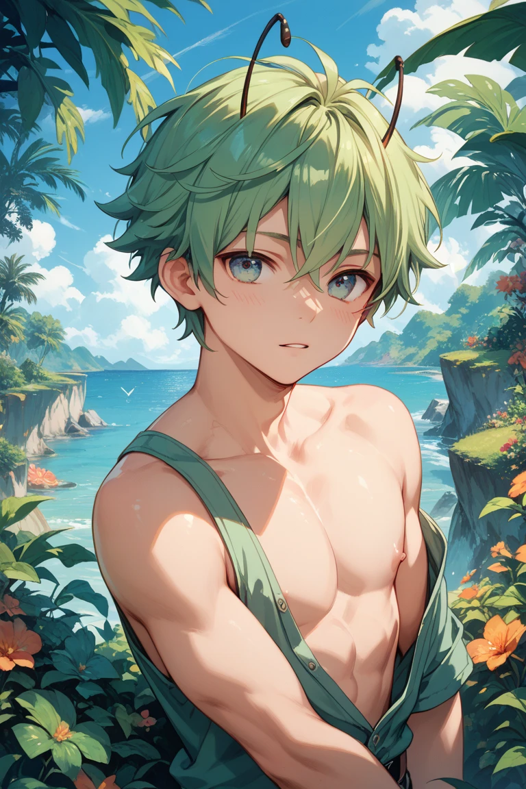 One guy,(younge boy,???'s face,a baby face,infancy),nakeness,(Exposing the ),Round eyes,Pink-purple skin,(Smooth skin),Short round face,Flat chin,Fine face in detail,Teal briefs,Muscular and strong,Short yellow-green-powder-blue hair,(Gradient hair color),nakeness,Teal briefs,Pectoralis abdominal muscles,Bare pectoralis abs,the night,vivd colour,(depth of fields:1.2),Bird's eye view,spread their legs,On the grass,Upper body appearance