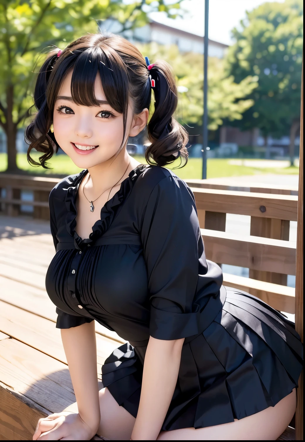 (Highest quality,masterpiece:1.3,Ultra-high resolution),(Very detailed、Caustics) (Realistic:1.4, RAW shooting、)Ultra-Realistic Capture、Very detailed、Natural skin texture、masterpiece、(A Japanese elementary school girl wearing a black blouse and pleated skirt:1.3)、Adorable expression、Expressions of happiness、10 years old、height: 140cm、Baby Face、Pure girl、Amazingly cute、Twin tail hairstyle、Curly Hair、ribbon、Black Hair、Large Breasts、Shining thighs、Shining ass、necklace、Sidewalk in a residential area、Background details、smile、An inviting gaze、(Anatomically correct)、Cowboy Shot、Attention to detail、