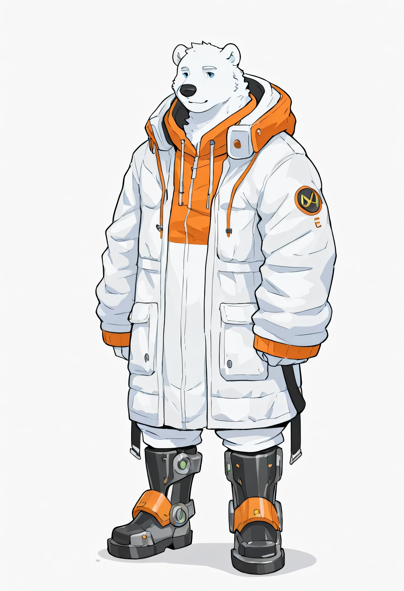 polar bear,Technology,cute,Handsome,orange and green are the main colors,The theme is music,ager Body Type,vitality,oversized jacket,heavy clothing, mechanical boots