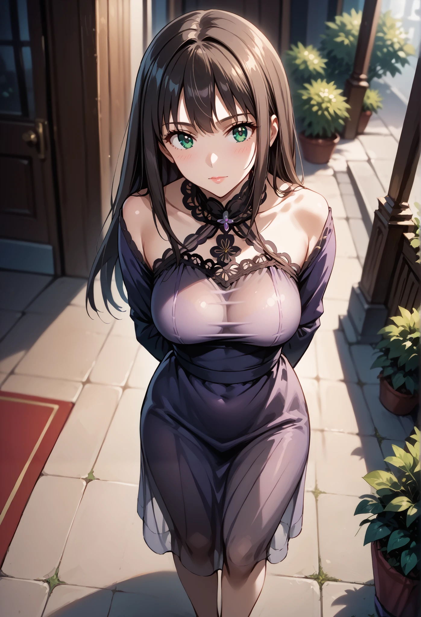 score_9, score_8_up, score_7_up, source_anime, 4K,perfect fingers,(perfect hands, perfect anatomy),prefect lighting, very aesthetic, intricate details,highly detailed background, masterpiece, high quality, best quality,
1girls,solo, rinshibuya, rin shibuya, black hair, green eyes, long hair, large breasts, mature female,
wearing ((short, sheer, purple dress with black lace trim, dress appears to be made of a translucent material, revealing the skin under Dress, , black lace-like undergarment underneath the dress,)),,
Standing, A sagging breast,((arms behind back:1.5)),((front look:1.5)), ((High Angle View:1.5)),