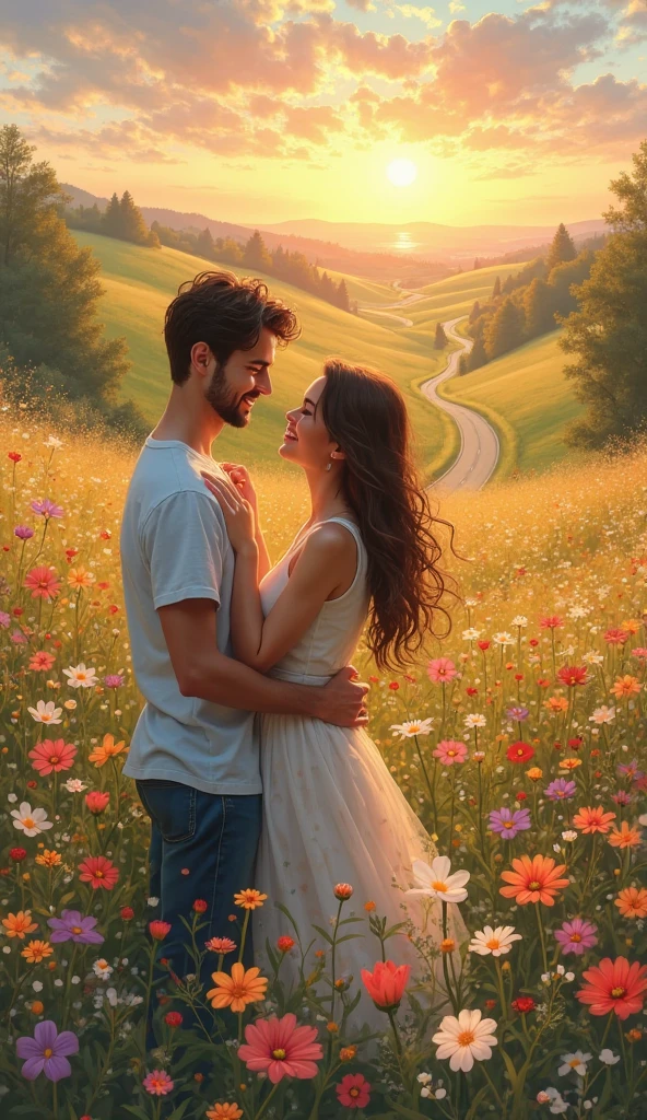 A couple holding each other floating around the sky,flowers and special effects around, standing in fields , surrounded by rounded mountains --auto --s2
