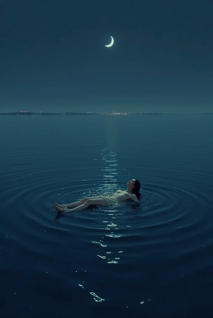 Jamie dornan, a man, in a sea, with half his body submerged in the water, behind a starry sky with a moon in the center