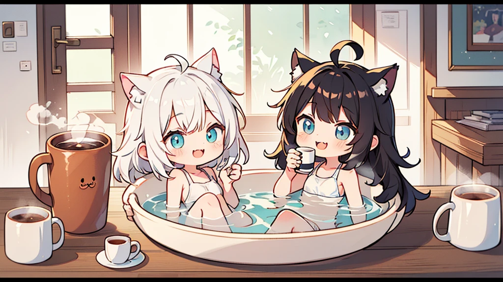 8K,超高分辨率,(tmasterpiece,best qualtiy:1.2),A high resolution,high detal,A ite girl,Cute anime girls,Black panda ears,White color hair,Heterochromic pupils,long whitr hair,pigtails,Laughing,Blush,Wearing a bathrobe,inside in room,common bathing pool,Sit next to the hot spring,The reveal panties,Open navel,Slightly chubby bulging belly,upper legs,Feet soaked in water