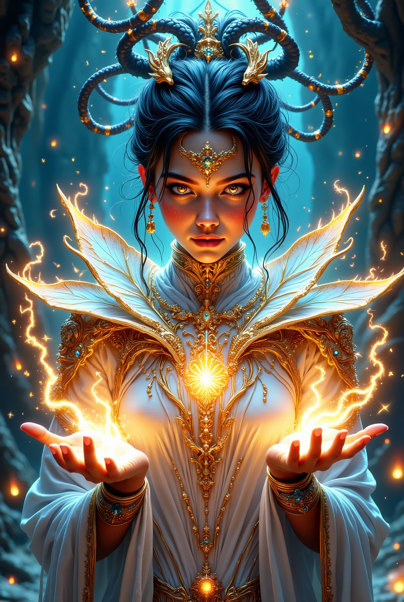 beautiful colors, rich colors, better graphics, Remove noise, faint flickering, Delicately, fantasy style, girl, has Super powers, wigs Stones and Lightning, in her hands The pairing of spheres from electric currents, created and sparkling, her outfit with a very elongated collar is very beautiful, Masterpiece, better quality, jewelry and the sparkling eyes of the blue sea light, Beautiful and gorgeous, passionate and charming, high detail, Masterpiece, difficult details, maximum quality, 8k, Exactly, clearly,