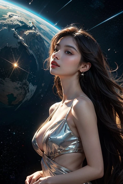 1girl,solo,long hair,brown hair,looking at viewer,realistic,brown eyes,dress,bare shoulders,upper body,lips,parted lips,breasts,masterpiece,best quality,high quality,face focus,fashion photography, happy smile, galaxy, stars, astropunk, film star, fractal art, cosmic bikini