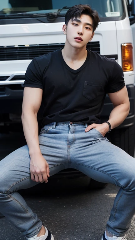 (NSFW: 1.2),(CGI art:1.3),(realistic:1.5),(After processing:1.3), (Sharp focus:1.3), 1 man, open mouth, smile, (Navy blue round neck shirt), shorts, Korean people , korean men, (high glossy details), chest muscles, large arm muscles, blood vessel, big muscles, Broad shoulders, looking at the audience, Balancing the eyes, By the sea, beach, sunlight, run towards the camera ,(genital very long big ),(Erection of the penis),
