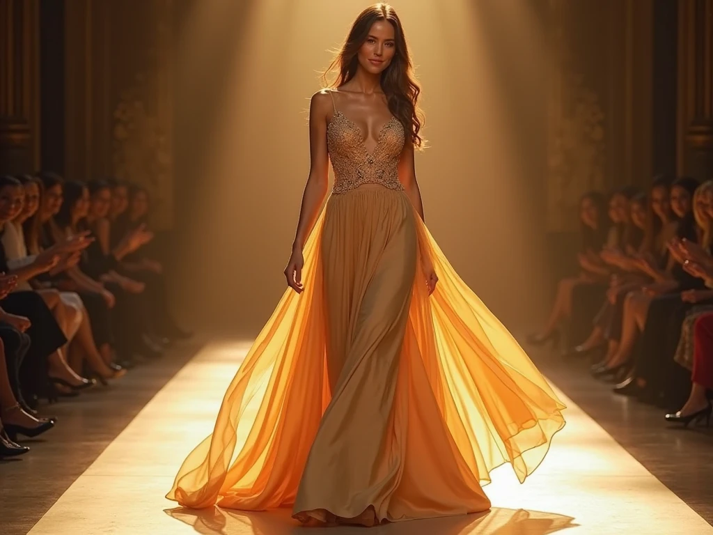 ((masterpiece, highest quality, Highest image quality, High resolution, photorealistic, Raw photo, 8K)), ((Extremely detailed CG unified 8k wallpaper)), (huge stunning goddess shot, very hot and sexy, jaw-dropping beauty, perfect proportions, beautiful body, slim body beauty:1.4), Top model walking down runway in dress with phoenix motif, flame dress, arms outstretched as if spreading wings, fluttering thin and light sheer dress with flickering flames, full body shot,