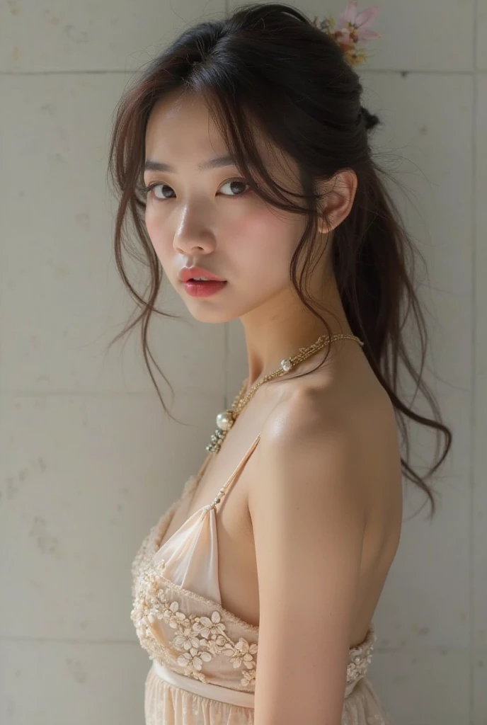 Realism, (high resolution), ((depth of field)), ((highest quality realistic texture skin)),((highest quality realistic texture hair)), ((the most absurd quality perfect body shape)), (small head: 1.3), slim-muscled body, ((perfect proportions)), ((anatomically correct)), ((perfect dynamic body posture, super k-pop idol)), (super detail beautiful slim and round face), light pale complexion, ((Insanely detail clear and sharp perfect round realistic brown_eyes:1.25)), finely detailed pupils, detailed lips, wearing loose and fluffy knit dress, ((close up of her face)), ((Victorian bathroom scene with a modern twist)), masterpiece, 
