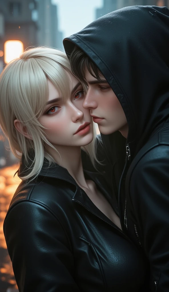 Masterpiece, Awesome clothes, (illustration), ((2 people)), ((handsome Young Couple Kissing and Hugging), (Russian mill style), fashion, leather jacket, (long hair), (be happy), (white skin), (Dark circles), handsome, party, toast, trend, Dark Grey,, close up, (grand background), (chiaroscuro)), face detailsที่ดี, face details, movie light, (depth of field), UHD, (upper body), black background